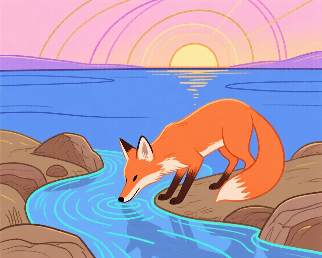 A curious fox drinking from a stream beside a still lake at sunset.