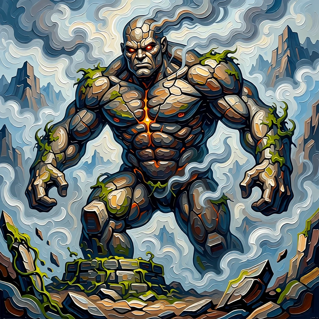 a stone titan awakening from centuries of sleep emerging from a swirling mountain mist