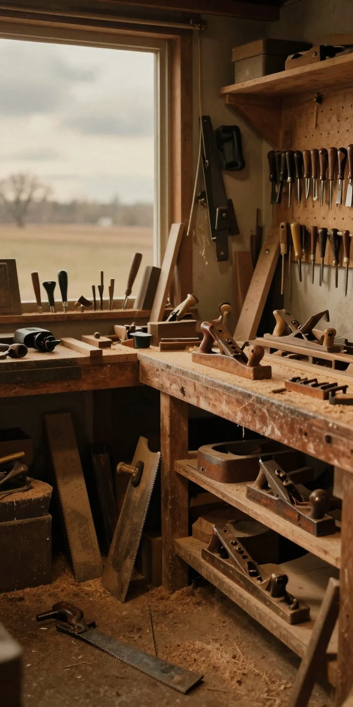A cluttered woodworking shop filled with tools and sawdust, in low lamplight, under scattered clouds, in early spring, dominated by warm amber and rust tones, from behind, looking toward the horizon.