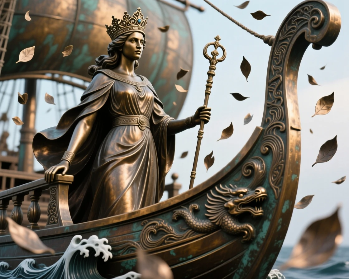 A queen standing at the prow of her ship, surrounded by falling petals or leaves, forming a strong central focal point