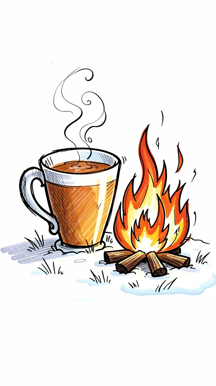A cup of cider beside a crackling bonfire in a meadow covered in fresh snow.