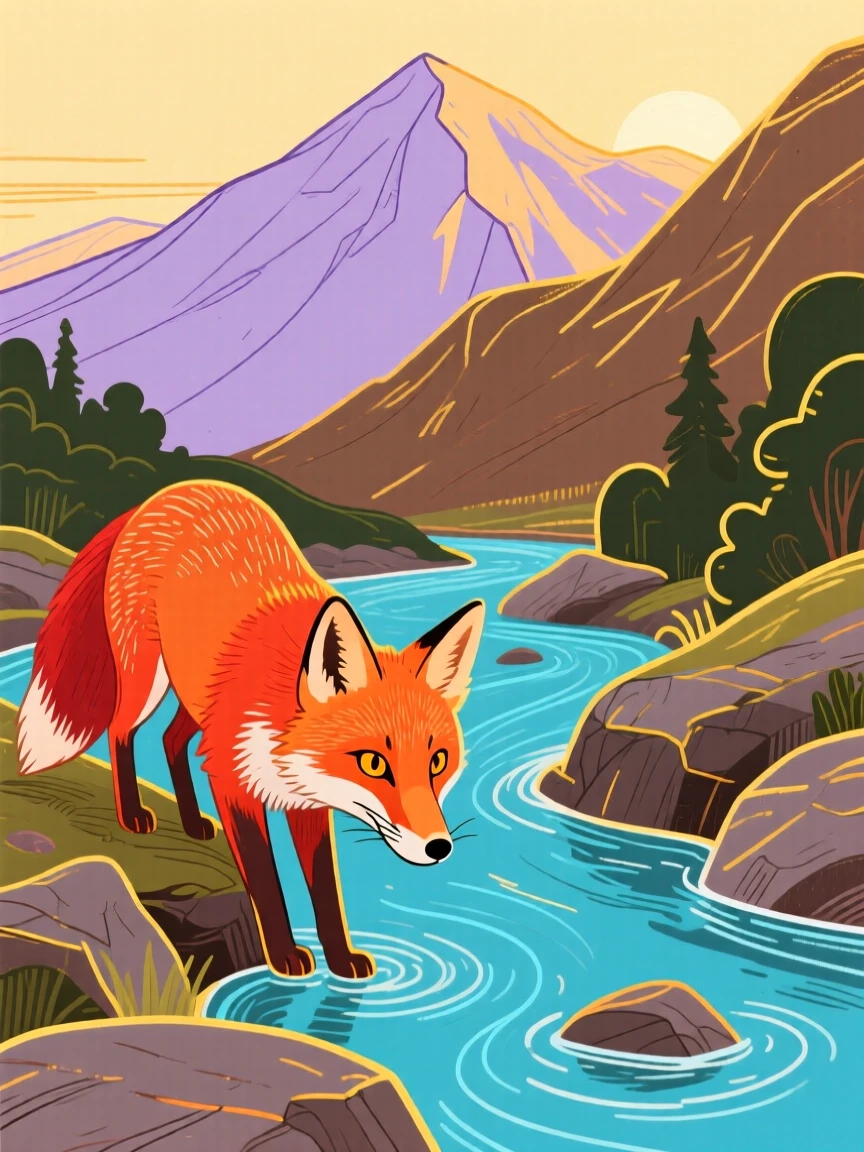 A curious fox exploring beside a mountain stream during golden hour.