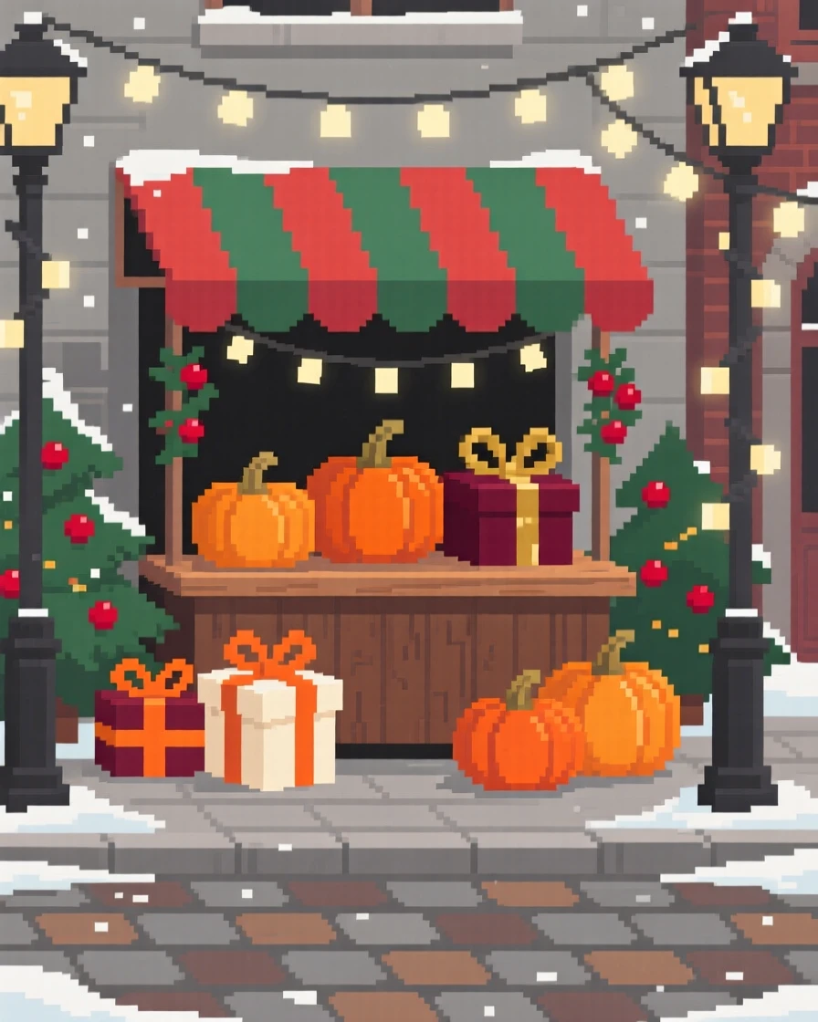 A market stall selling autumn pumpkins wrapped in ribbons and gift paper, on a quiet street decorated for winter holidays.