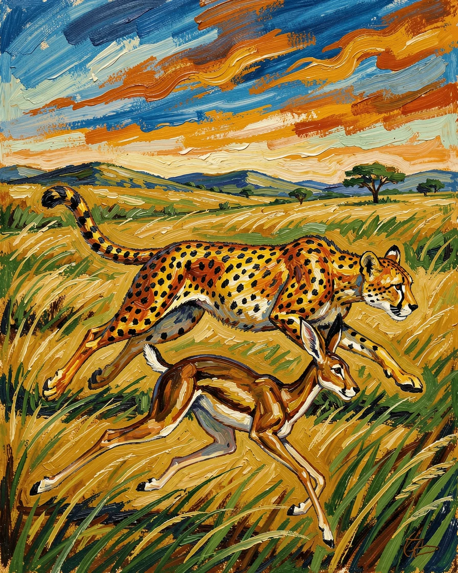 A cheetah sprinting across the savanna in pursuit of a fleeing gazelle.