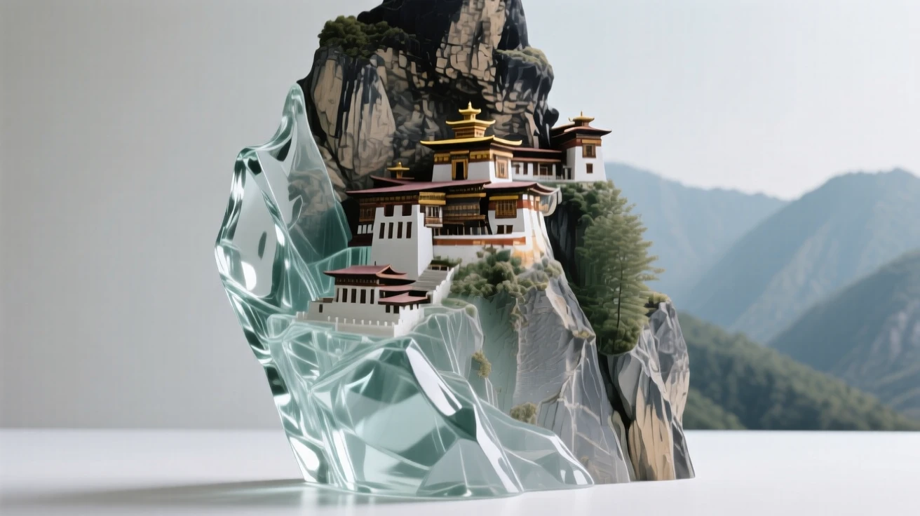 A mountain monastery clinging to the side of a steep cliff, with distant hills fading into the evening haze