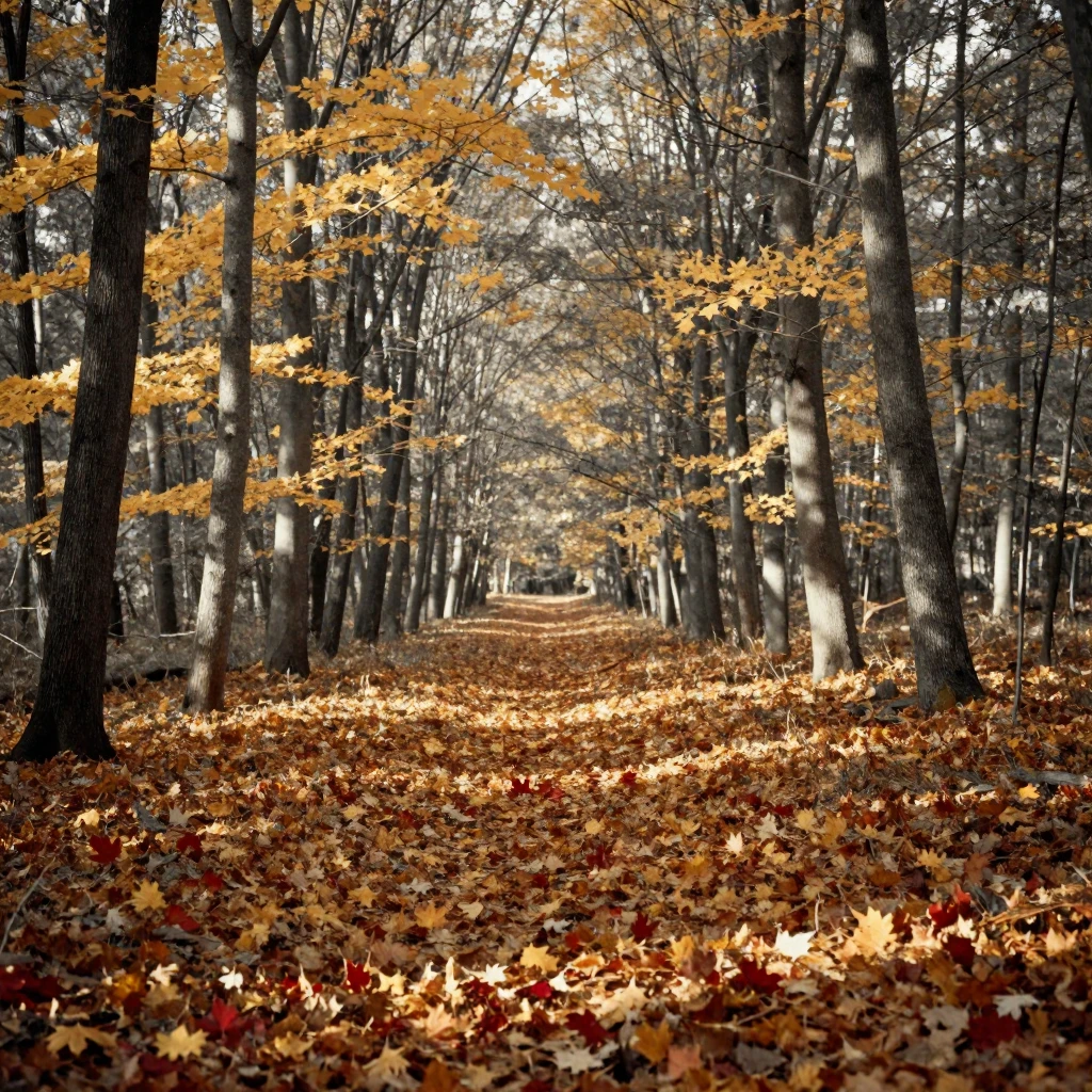 A carpet of fallen autumn leaves covering a forest floor, in dappled light filtering through leaves, in still, windless air, as autumn leaves turn gold and red, with stark black-and-white contrast softened by a single warm hue, framed symmetrically down a long corridor.
