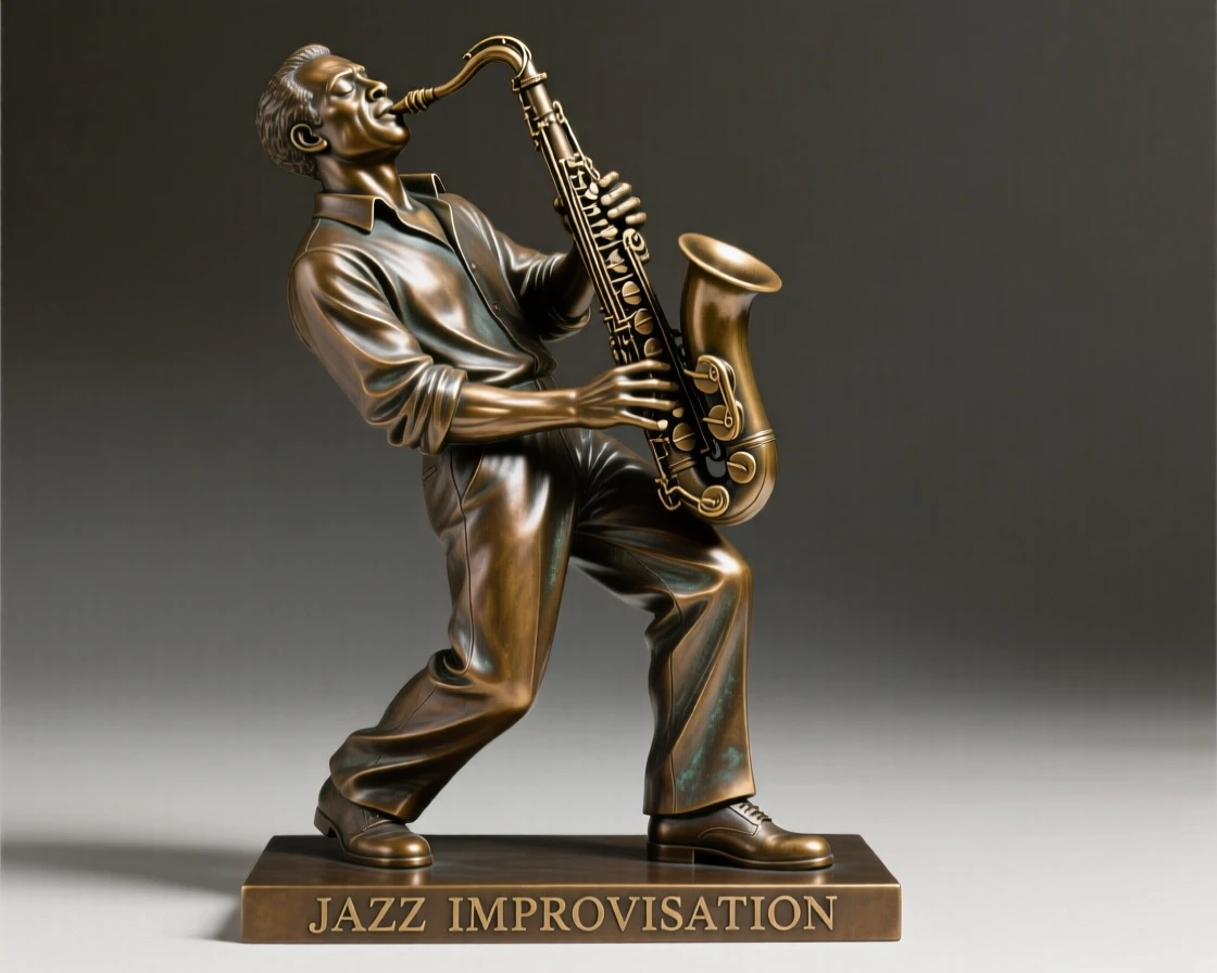 A jazz musician lost in an improvised solo, in a moment of pure emotion, forming a strong central focal point