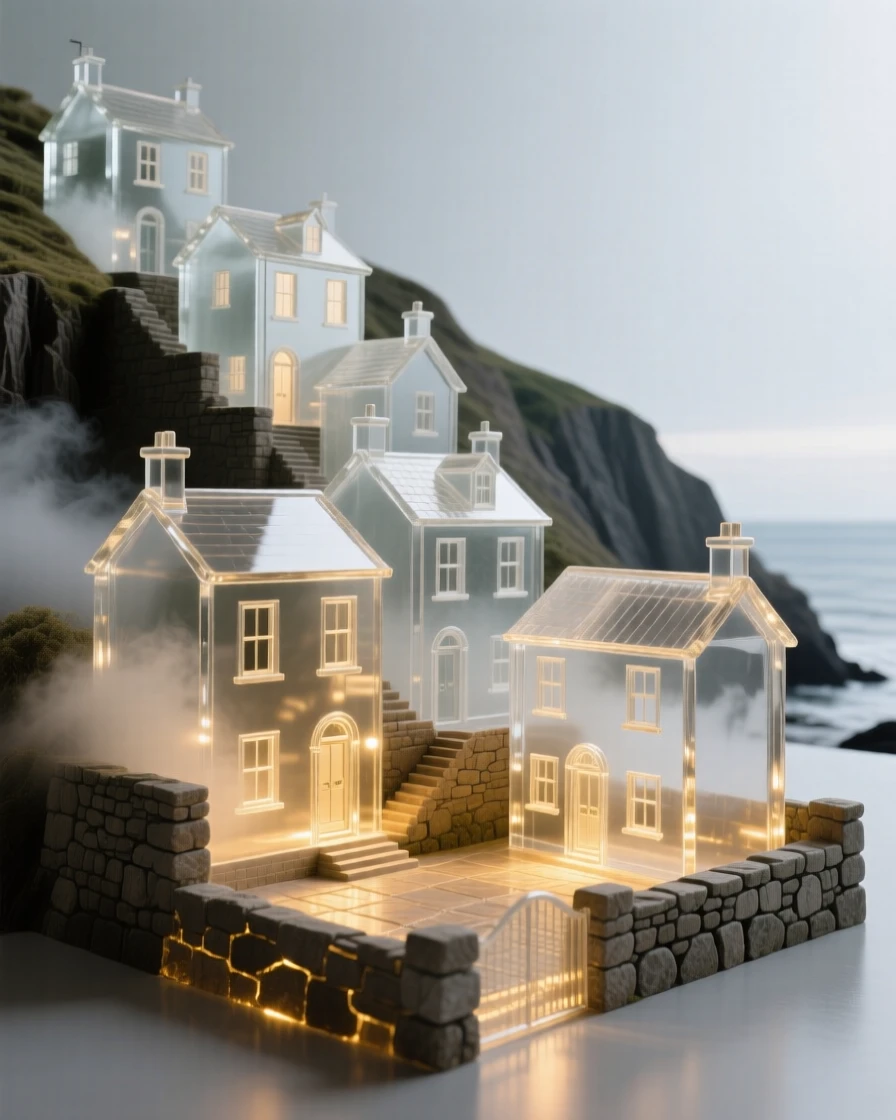 A row of terraced houses climbing a steep coastal hillside as golden light spills across the surrounding courtyard, while a light mist settles gently over the old stone walls