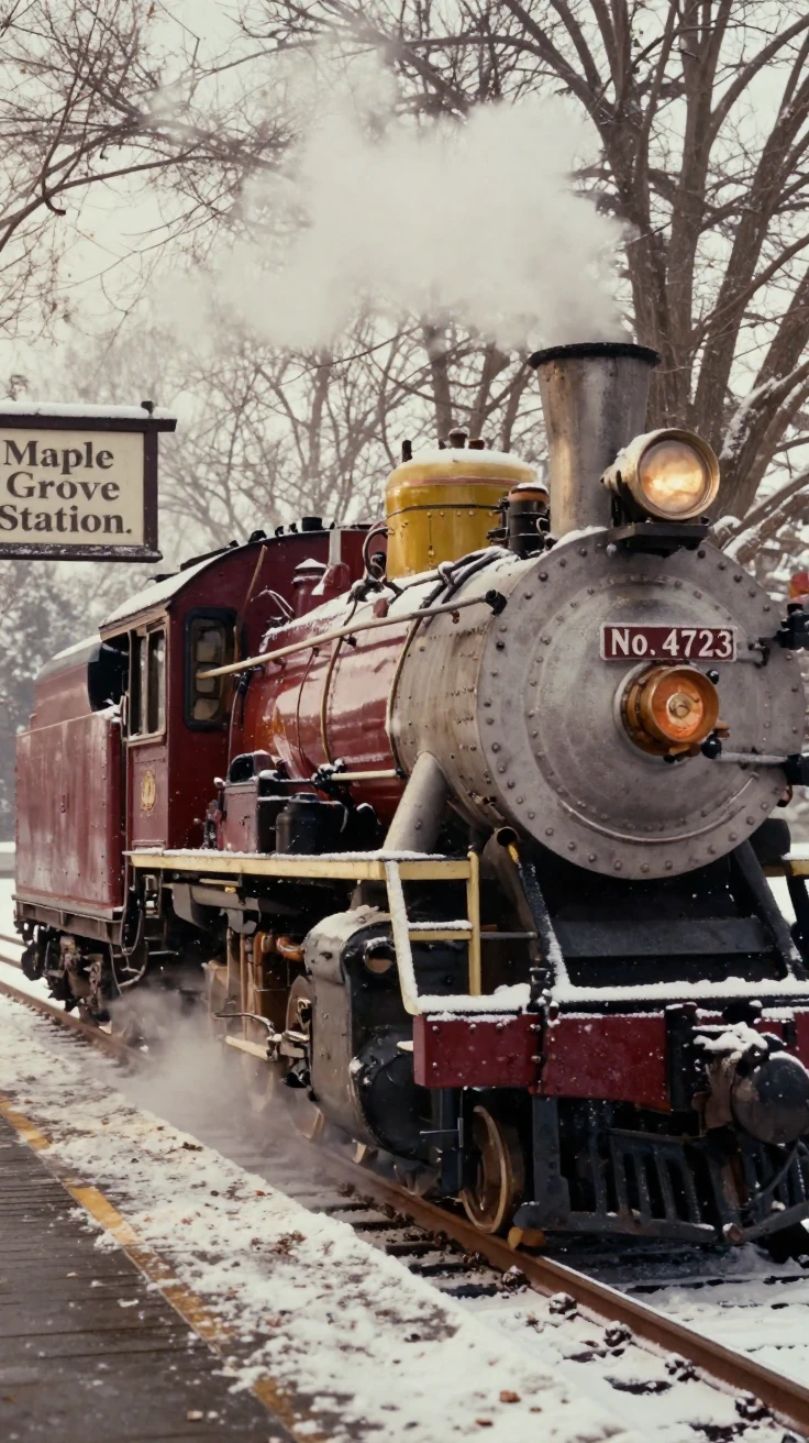 A vintage steam locomotive pulling into a quiet countryside station, in dappled light filtering through leaves, as heat shimmers over the ground, under the first snow of winter, with rich burgundy and gold accents, in a tight close-up.