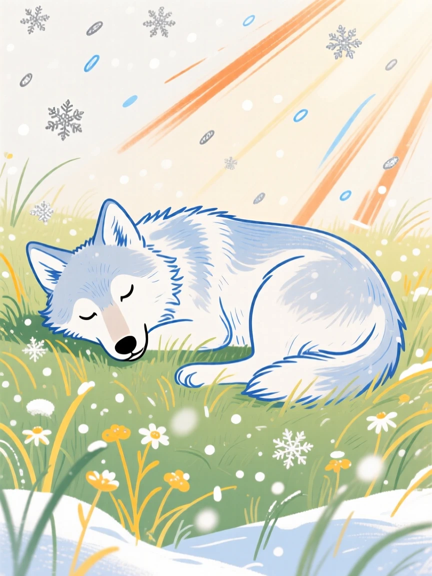 A young wolf napping in a sunlit meadow during a light snowfall.