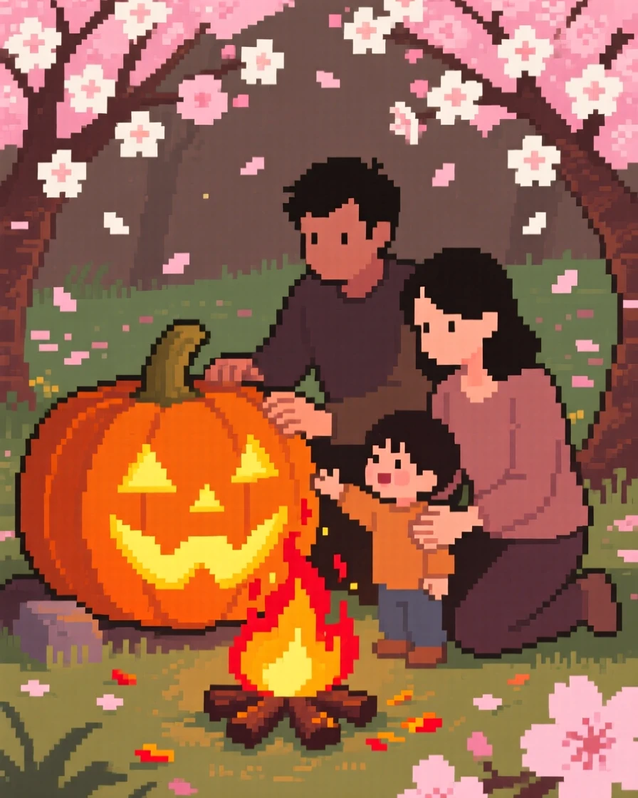 A family carving a pumpkin glowing beside a crackling bonfire, in a garden bursting with cherry blossoms.