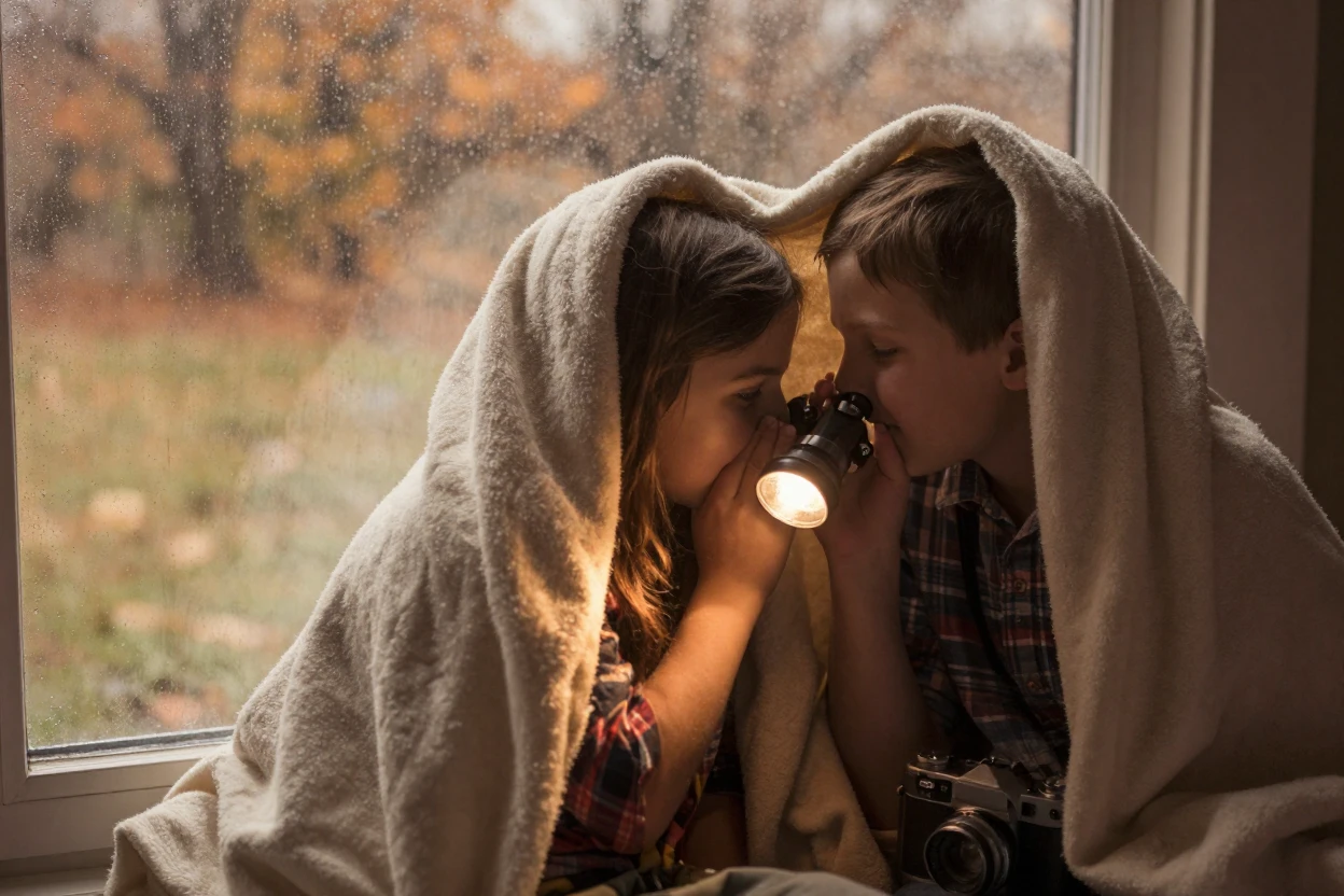 Two children whispering secrets under a blanket with a flashlight, in the pale light just before sunrise, as heat shimmers over the ground, in the mild days of early autumn, dominated by warm amber and rust tones, through a rain-streaked window.