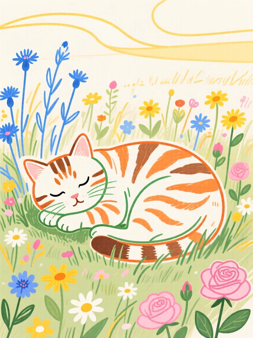 A tabby cat curled up together near a wildflower field on a quiet summer afternoon.