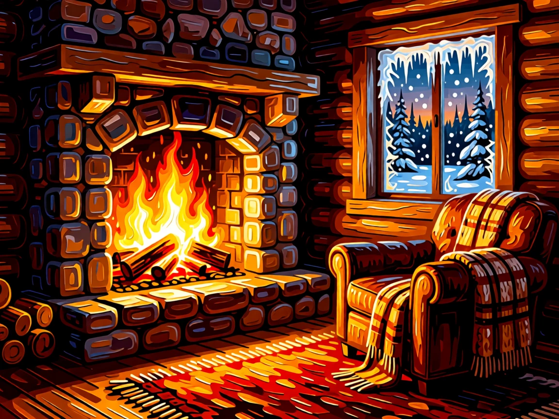 A crackling fireplace glowing warmly in a rustic cabin living room while snow falls outside the window