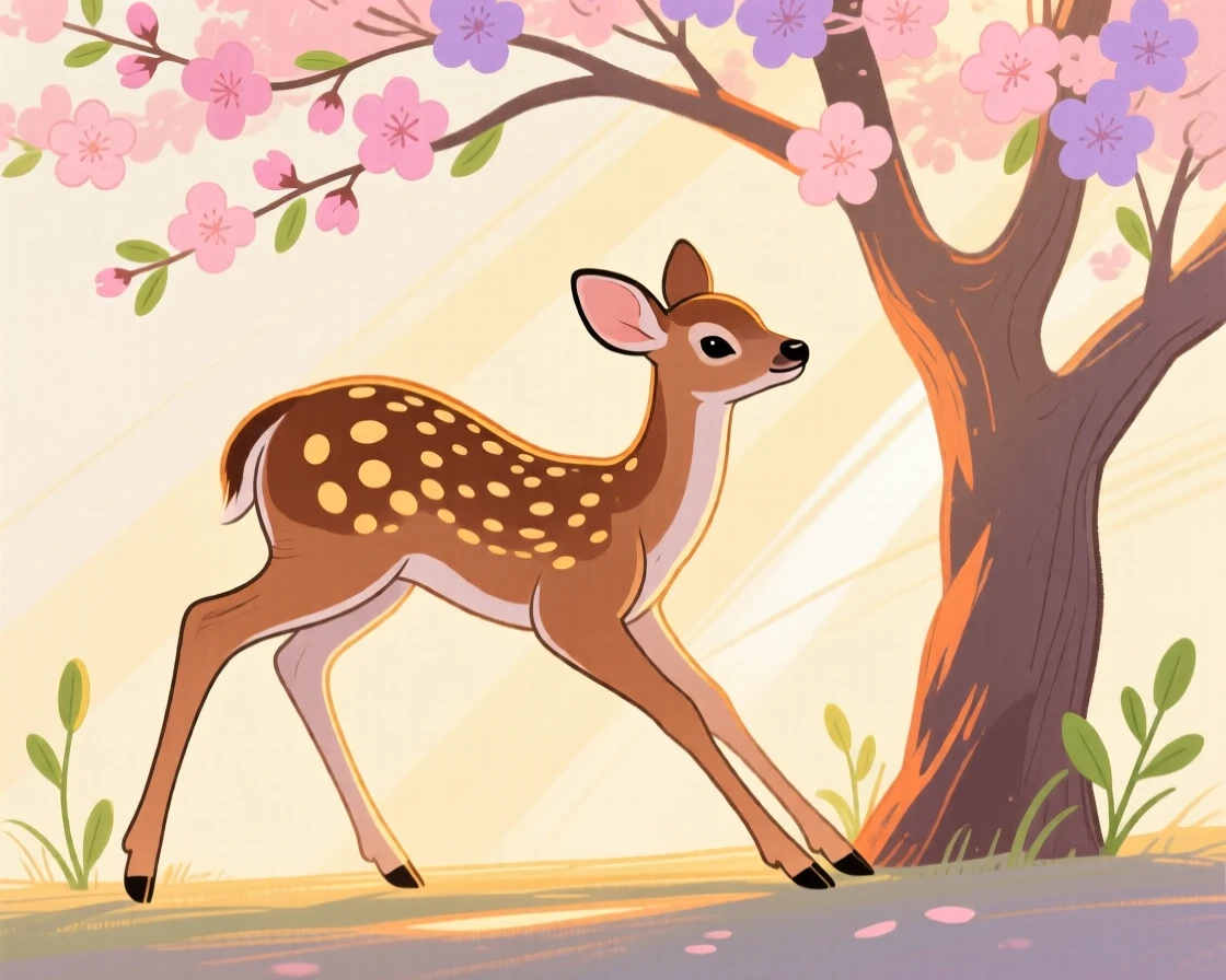 A spotted fawn stretching in the morning light under a blossoming tree at sunset.