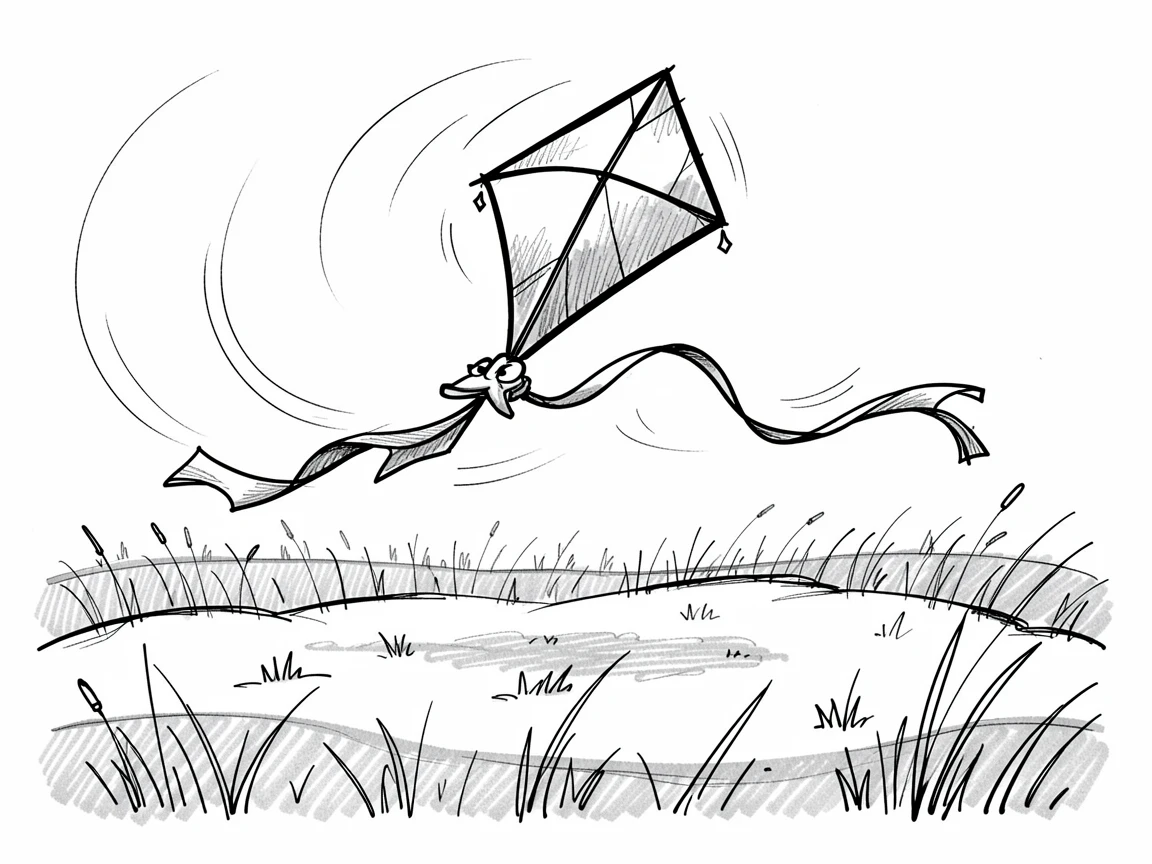 A kite flying on a breezy spring day in a meadow covered in fresh snow.