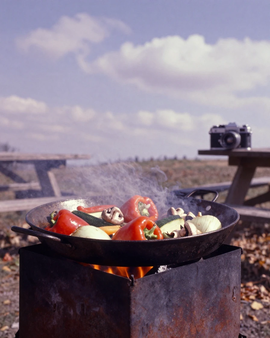 A pan of sizzling vegetables over an open flame, under harsh midday sun, under scattered clouds, in late autumn, in dusty lavender and rose tones, from a three-quarter angle.