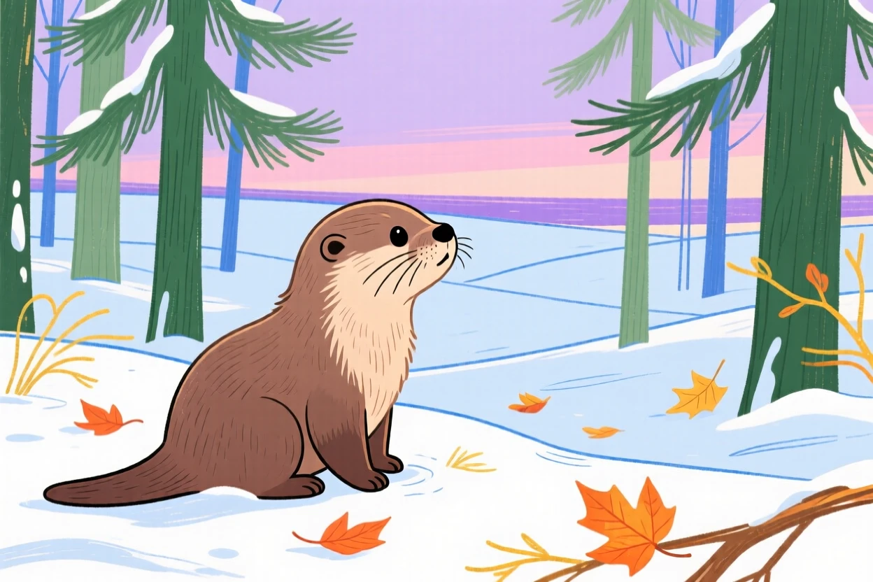 A baby otter watching the horizon in a snowy pine forest on a crisp autumn day.
