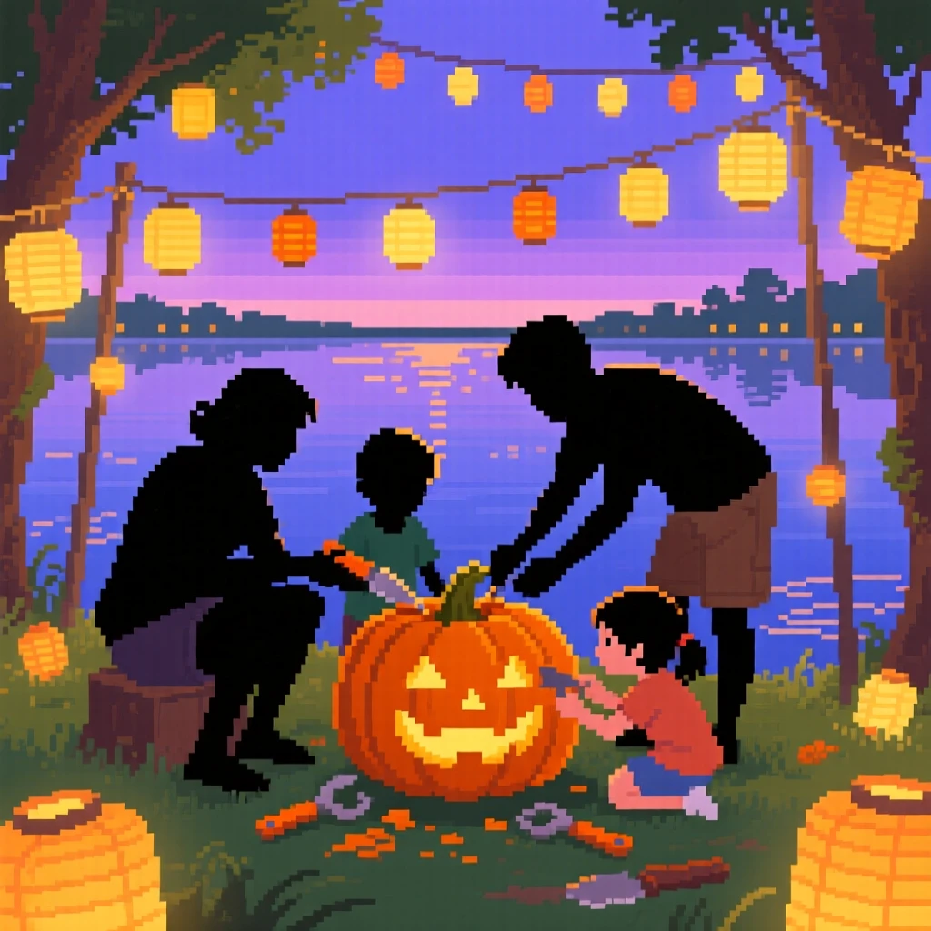 A family carving a pumpkin lit by dozens of small paper lanterns, beside a lake during a warm summer evening.
