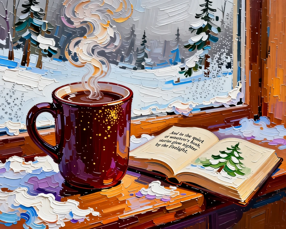 A steaming mug of cocoa resting beside an open book on a windowsill dusted with snow