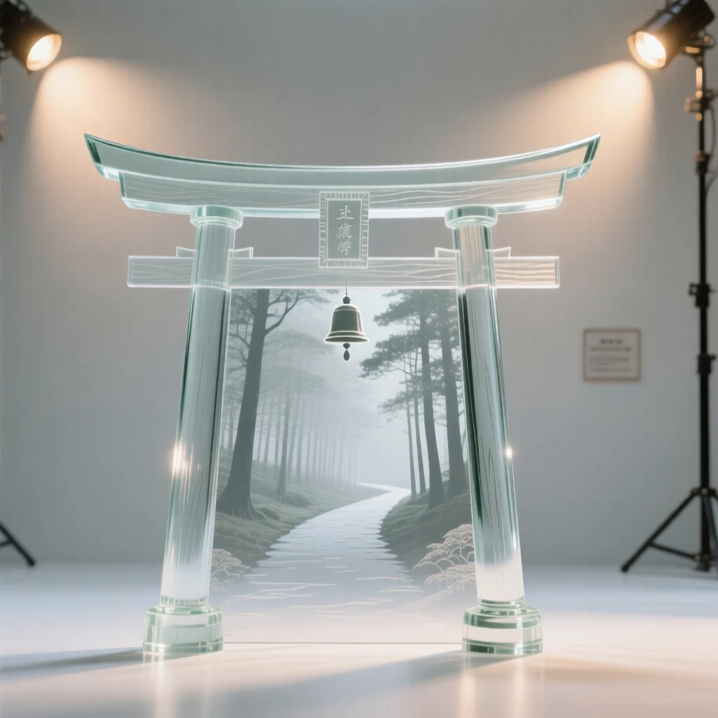 A temple gate standing at the entrance to a quiet forest path while the sound of distant bells drifts across the square