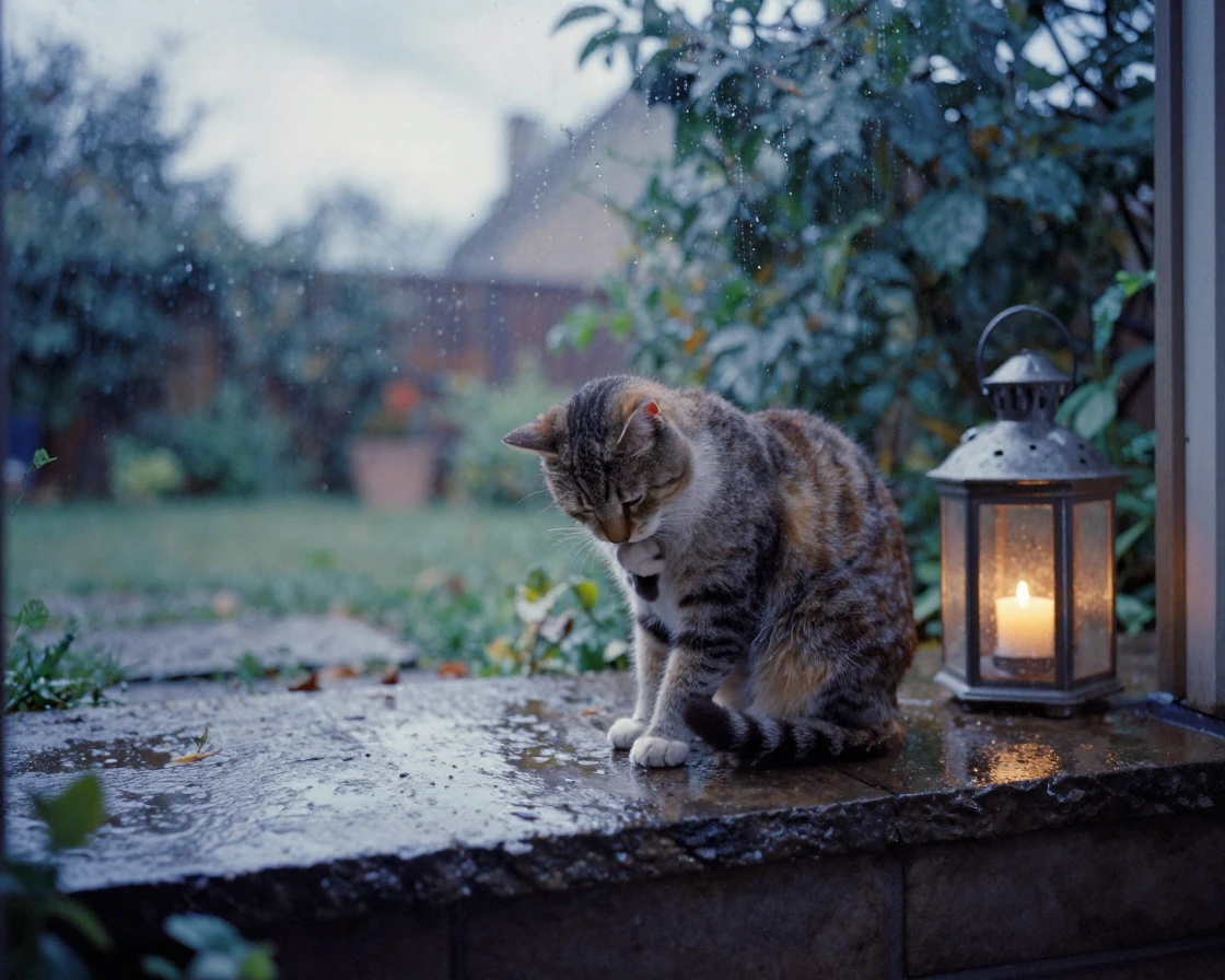 A cat grooming itself on a sunny stone garden step, under flickering candlelight, just after a rain shower, with puddles reflecting the sky, as summer fades into fall, in cool blues and silvery greys, through a rain-streaked window.