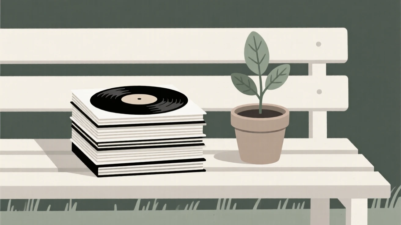 A close-up study of a stack of vinyl records placed beside a small potted plant on a garden bench, full of calm order.