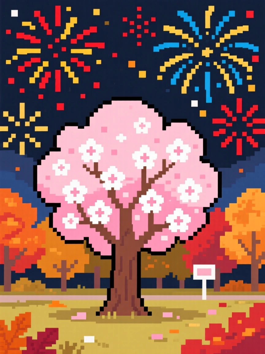 A cherry blossom tree in full bloom set against a sky full of fireworks, in a park during peak autumn color.
