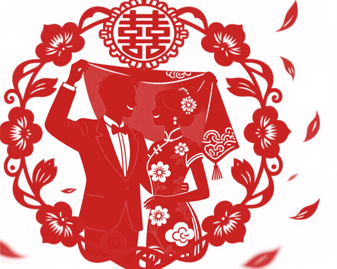 A groom lifting his bride's red veil for the first time, both smiling amid a shower of scattered petals