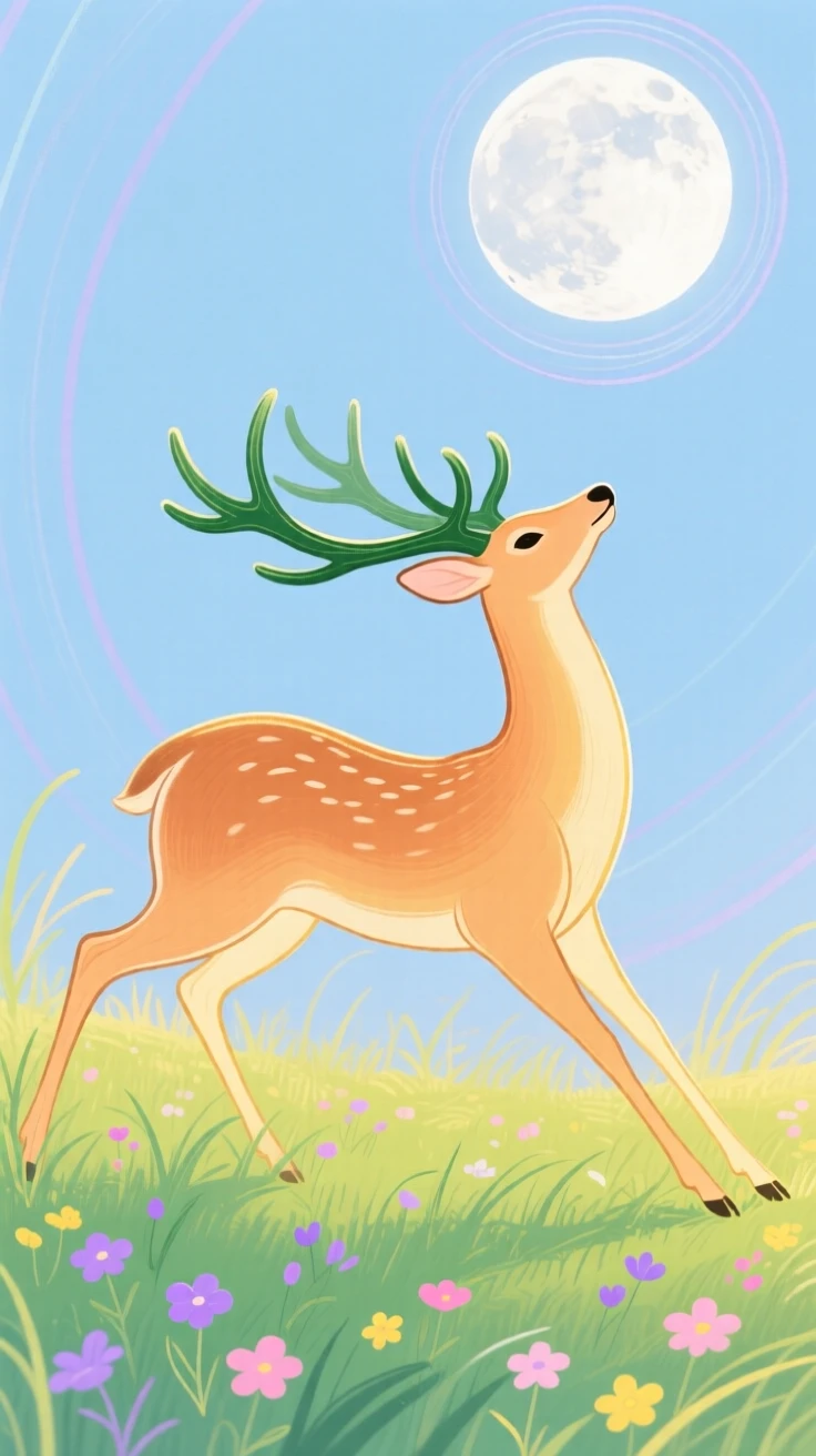 A gentle deer stretching in the morning light in a sunlit meadow under a full moon.