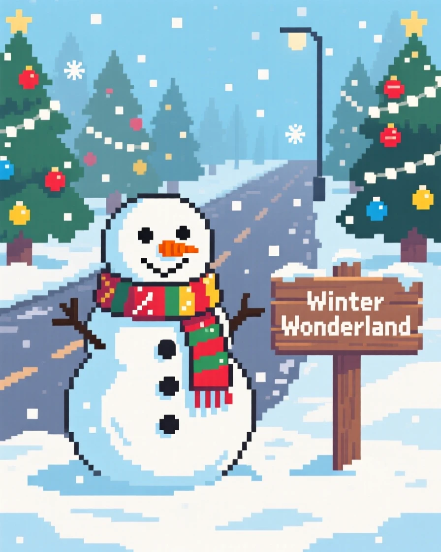 A snowman wearing a scarf wrapped in ribbons and gift paper, on a quiet street decorated for winter holidays.