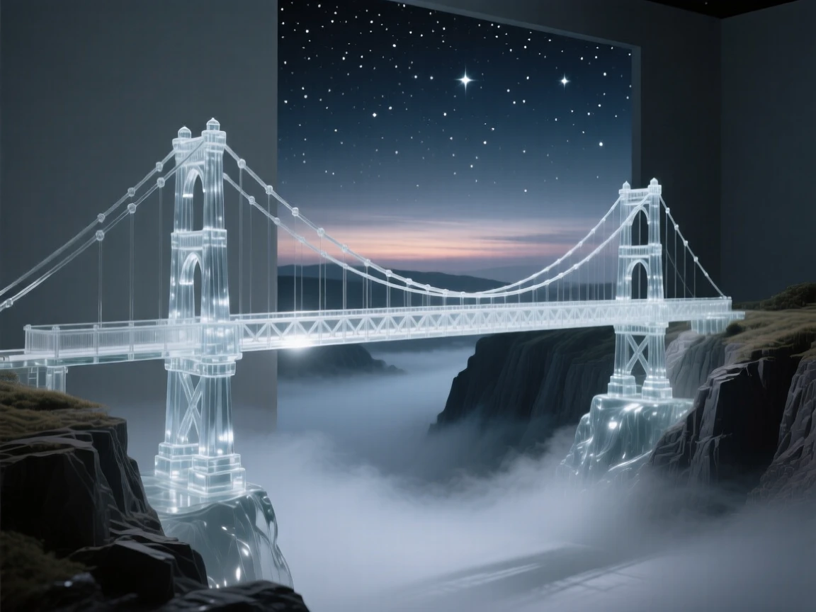 Beneath a canopy of stars just beginning to appear, a suspension bridge stretching across a wide misty gorge