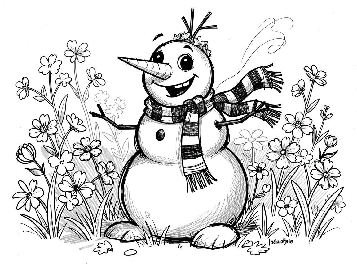 A snowman wearing a striped scarf in a garden full of spring blossoms.