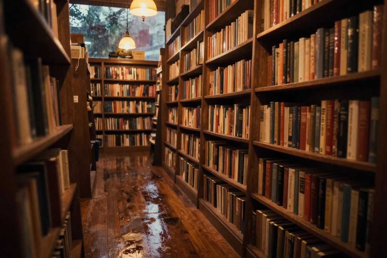 A quiet bookstore aisle lit by warm hanging lamps, in low lamplight, just after a rain shower, with puddles reflecting the sky, as summer fades into fall, dominated by warm amber and rust tones, in a tight close-up.