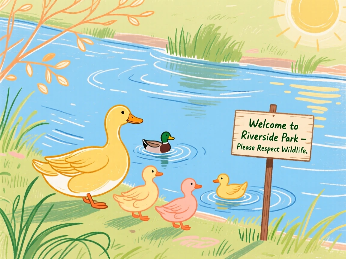 A family of ducks playing along a quiet riverbank on a quiet summer afternoon.