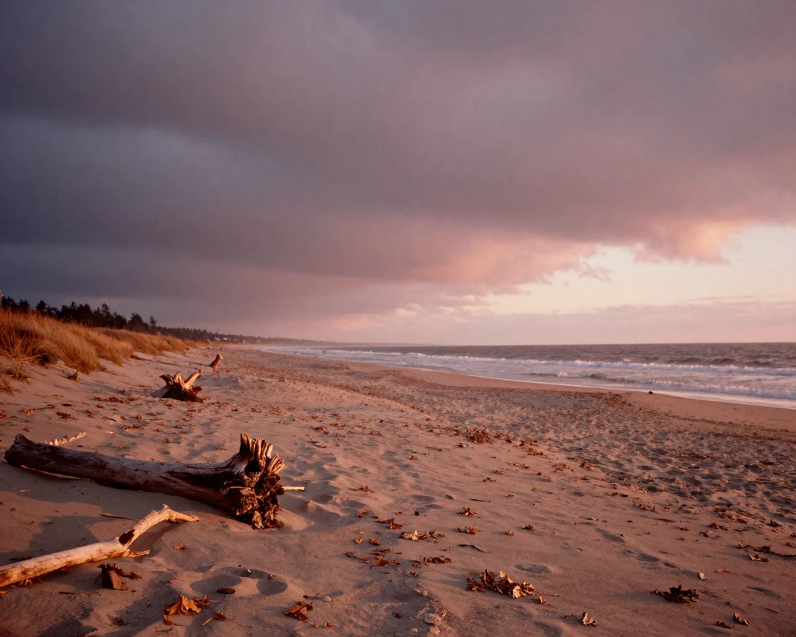 A quiet beach glowing pink and orange as the sun sets, during golden hour, under a darkening storm sky, in late autumn, in earthy terracotta and ochre shades, from a three-quarter angle.