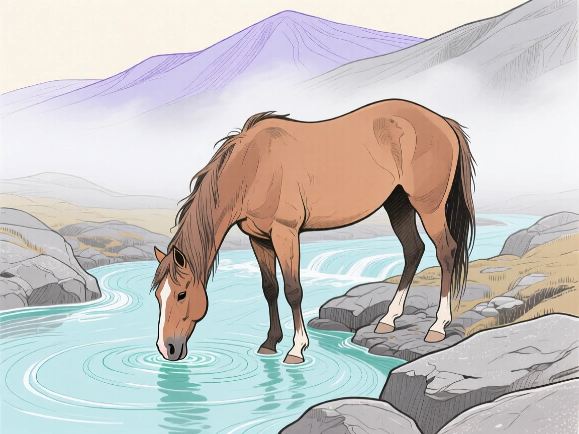 A wild mustang drinking from a stream beside a mountain stream as fog rolls in.