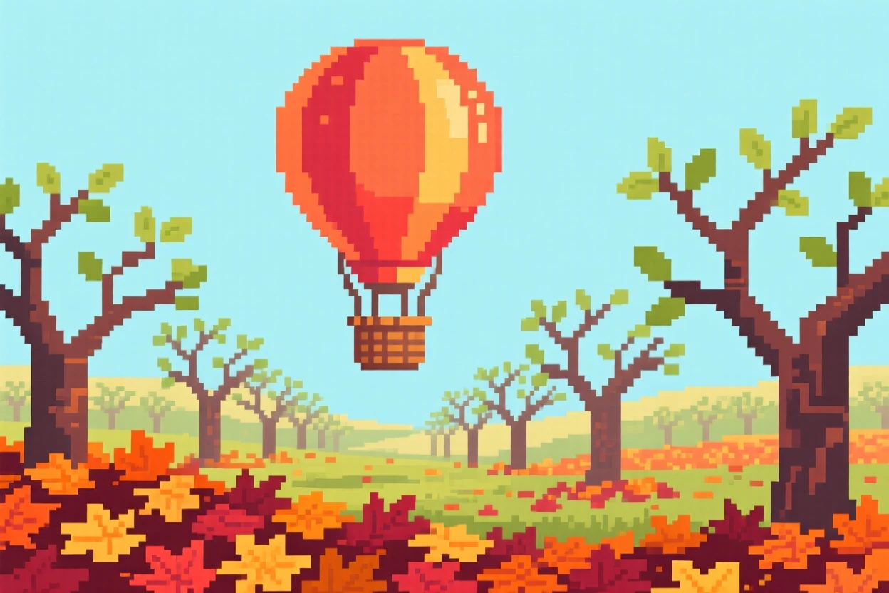 A hot air balloon over a spring valley piled high with autumn leaves, in an orchard during harvest season.