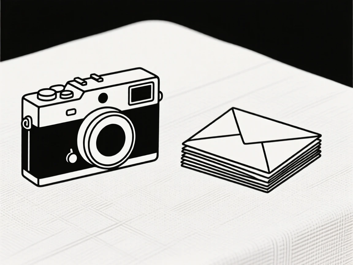 A close-up study of an old film camera placed beside folded letters on a linen tablecloth, full of calm order.