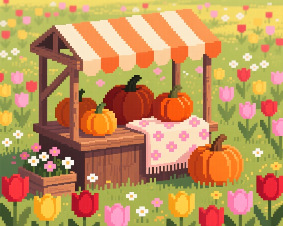 A market stall selling autumn pumpkins covered in a blanket of fresh spring blossoms, in a sunlit spring meadow full of tulips.