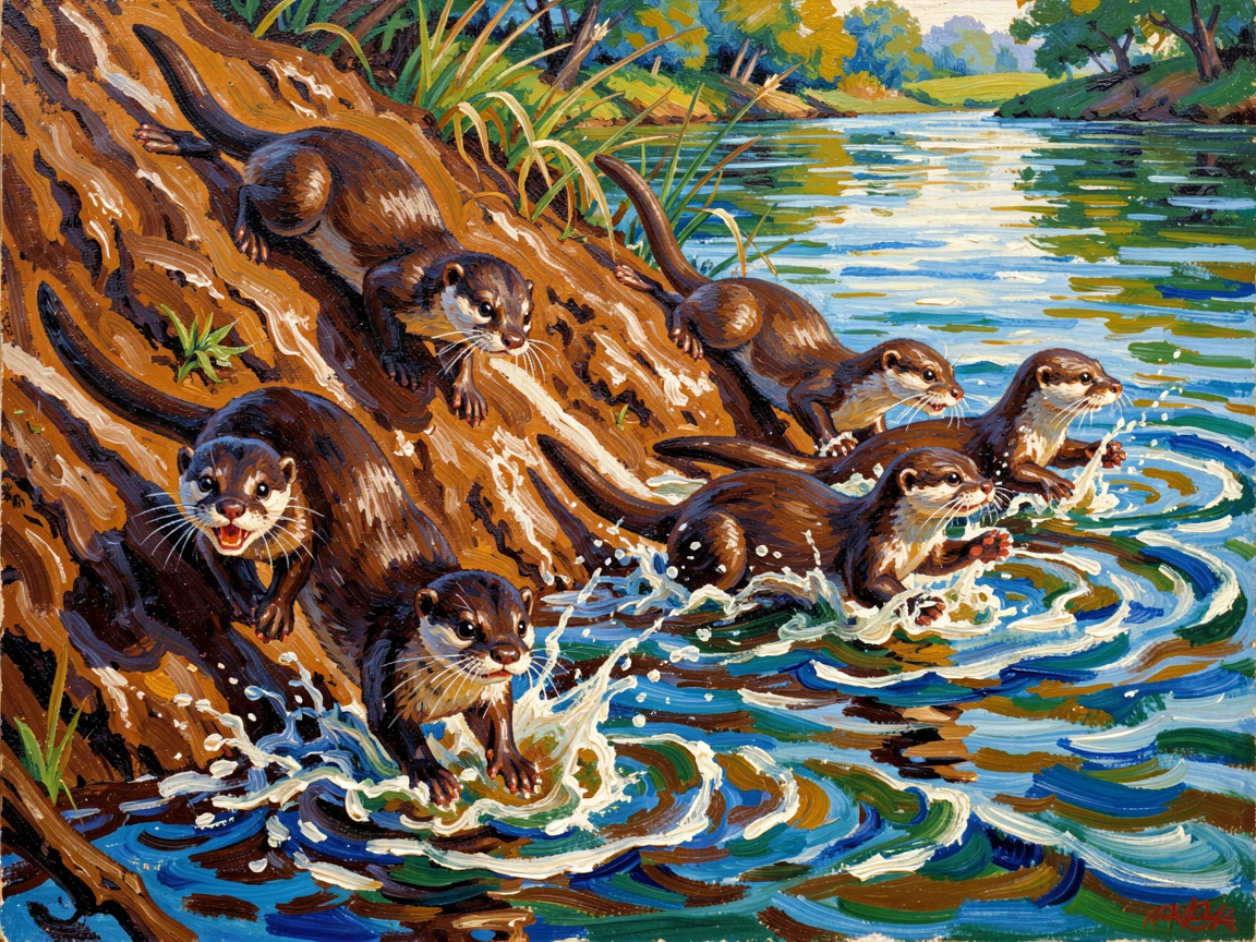 A family of otters sliding playfully down a muddy riverbank into the water.