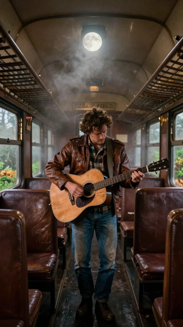 A traveling musician tuning a battered acoustic guitar on a train, under moonlight, in thick rolling fog, in the mild days of early autumn, with deep emerald greens and browns, framed symmetrically down a long corridor.