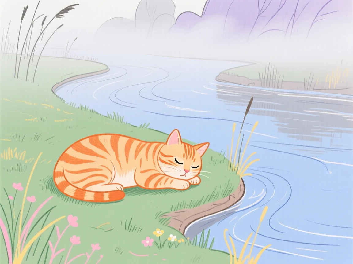 A tabby cat napping along a quiet riverbank as fog rolls in.
