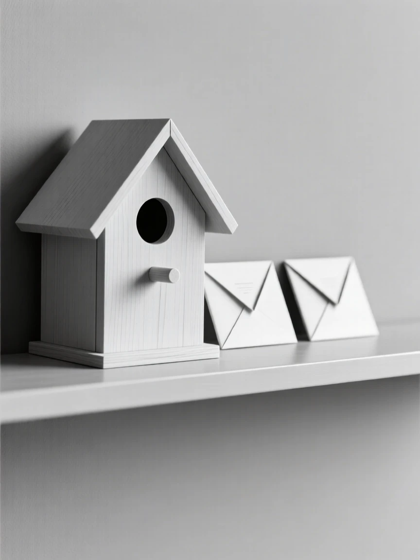 A wooden birdhouse resting on a minimalist shelf, surrounded by folded letters, evoking understated elegance.