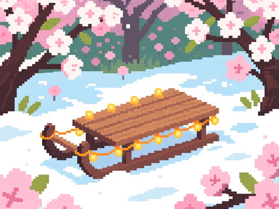 A sled resting in fresh snow decorated with strings of warm lights, in a garden bursting with cherry blossoms.