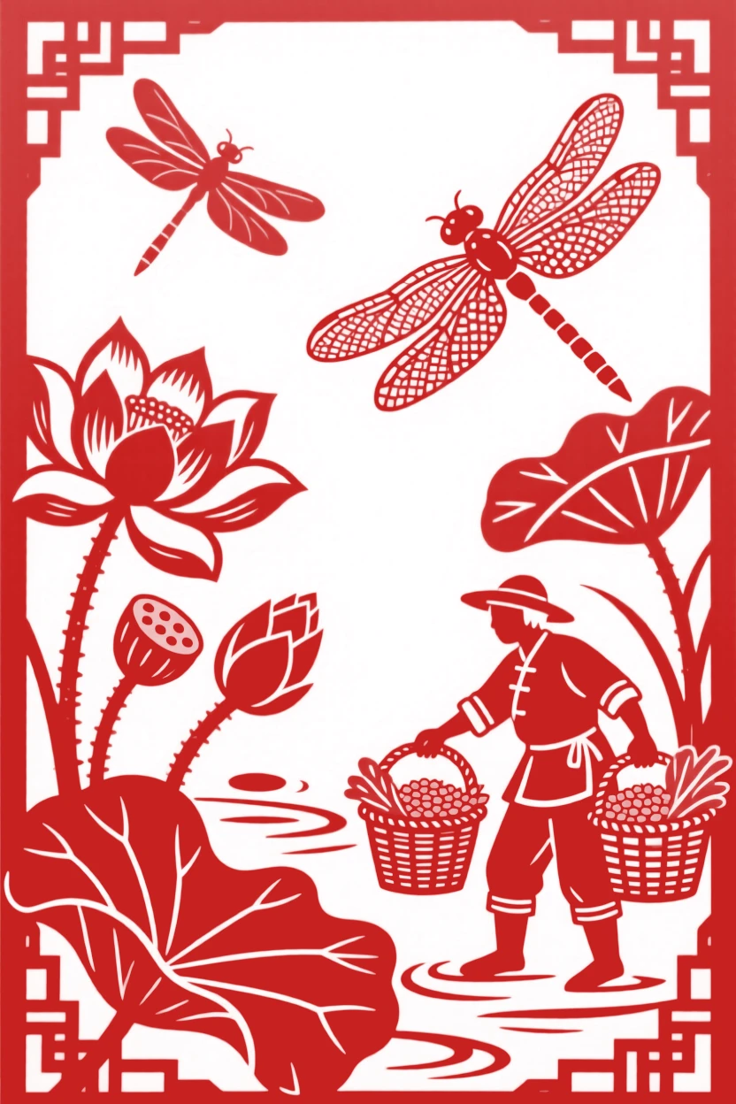 A Autumn scene of a lotus pond alive with dragonflies, farmers gathering the season's bounty.