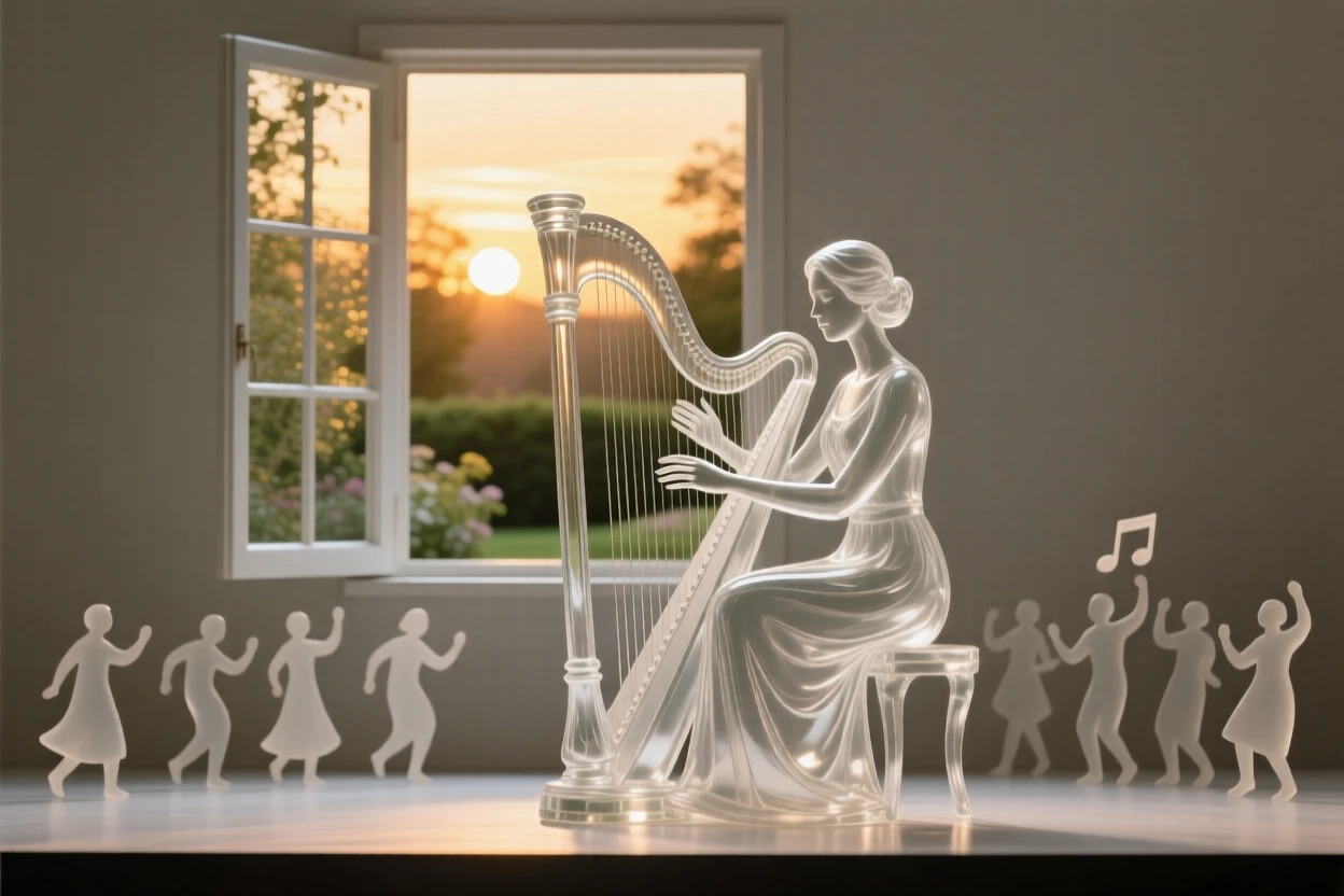 A harpist playing gently beside an open garden window with the last light of sunset glowing behind the stage, while the crowd begins to sway together in rhythm