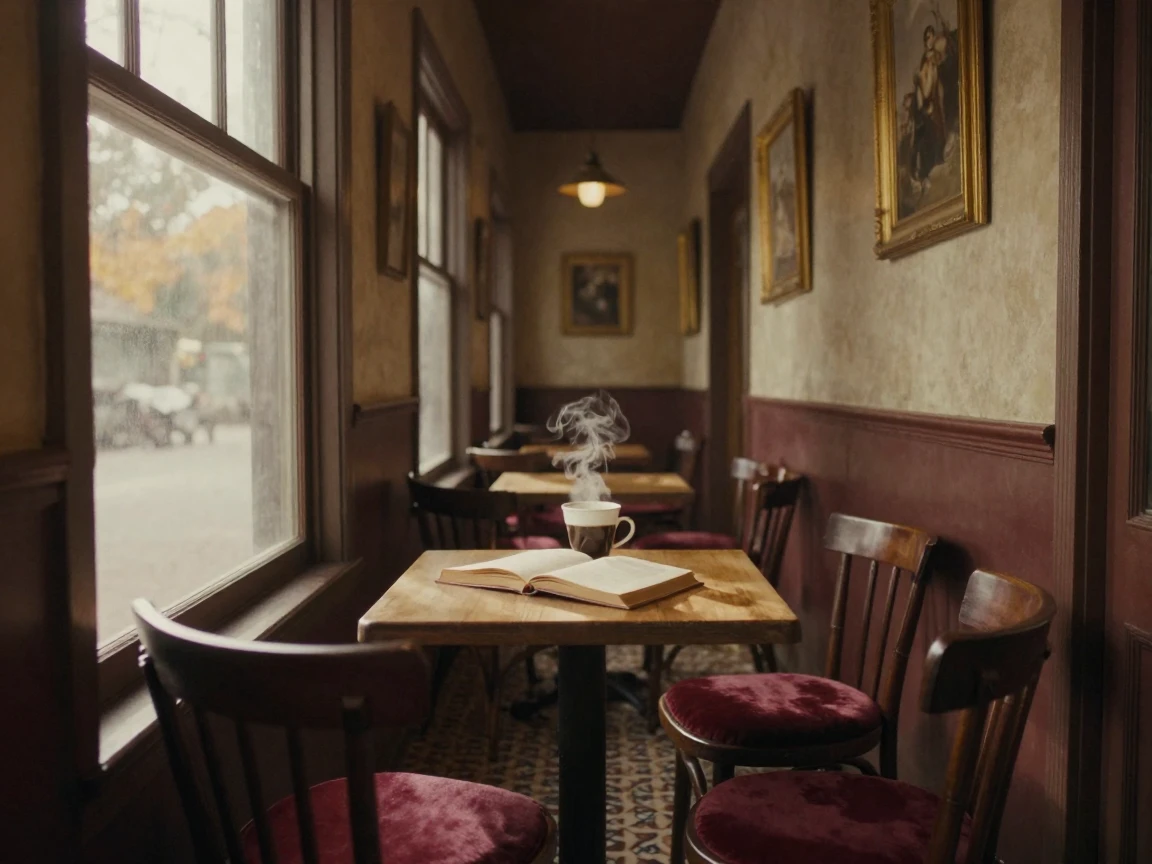 A cozy café corner with a steaming cup beside an open book, in soft window light, as mist rises off the ground, as summer fades into fall, with rich burgundy and gold accents, framed symmetrically down a long corridor.