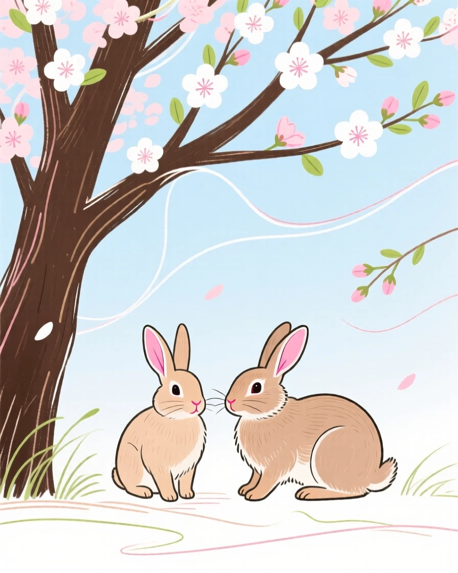 A pair of rabbits wandering under a blossoming tree in early spring.