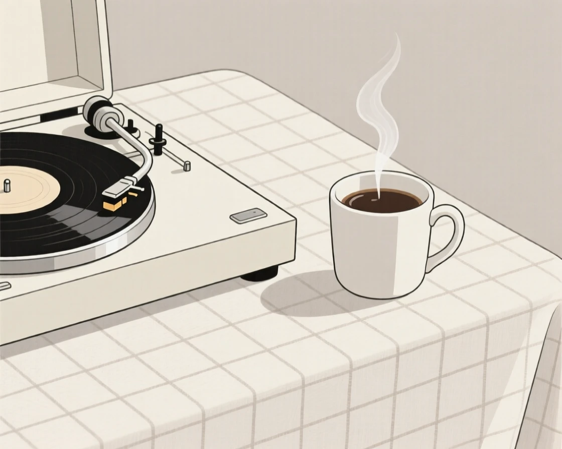 A close-up study of a record player placed beside a cup of coffee on a linen tablecloth, full of understated elegance.